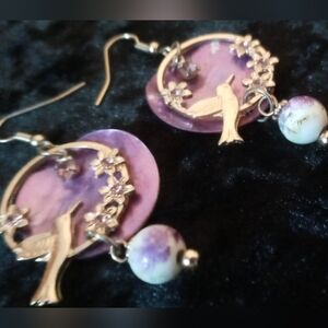 Elegant Purple Shell With Porcelain Floral & Gold Bird  Earrings .